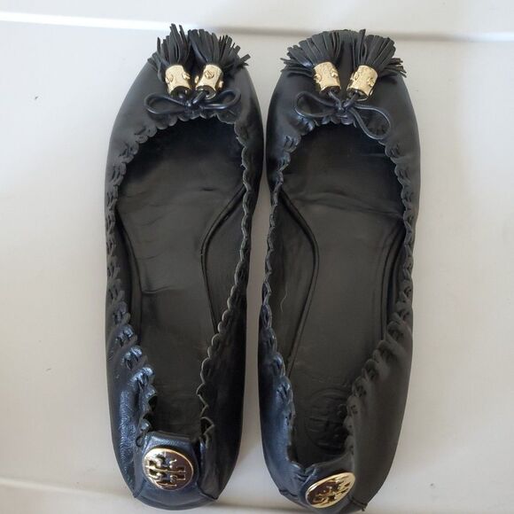 Tory Burch Reese Flat Mestico Black Leather Flat Ballet Tassels Shoes Size 8 /39 - Picture 12 of 15